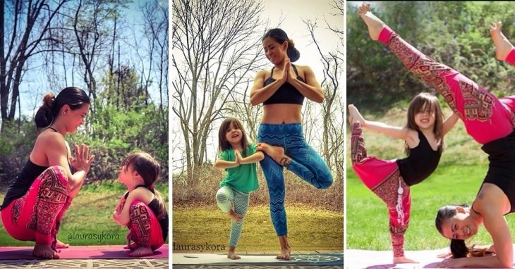 Diferentes poses de yoga entre madre e hija 
