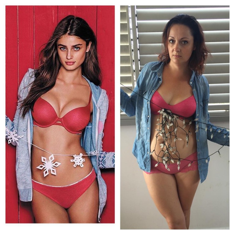 Chica parodiando una divertida imagen de la modelo Taylor Hill