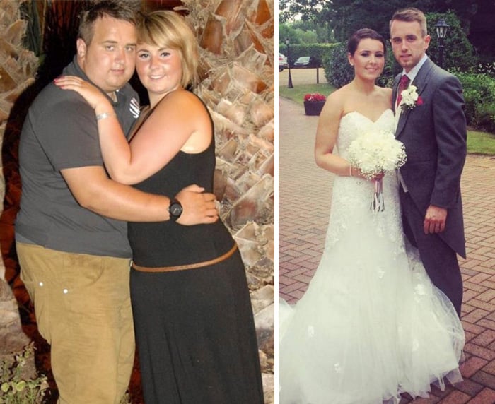 Pareja antes y después de la gran perdida de peso para el día de su boda