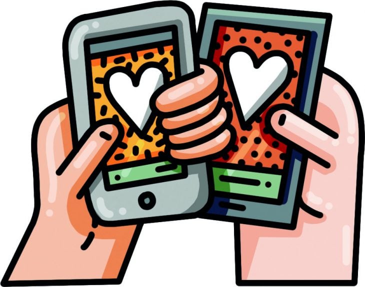 manos con celulares y corazones 