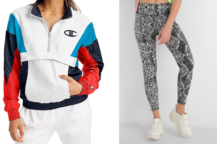 Chamarra de varios colores marca Champion y leggings marca DKNY