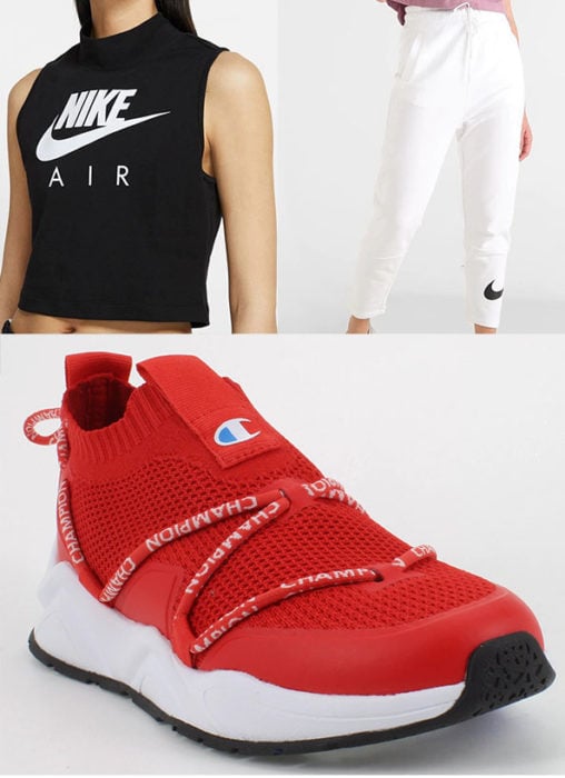  playera sin mangas color negro marca Nike, pantalones blanco marca Nike y tenis rojos deportivos marca Champion 