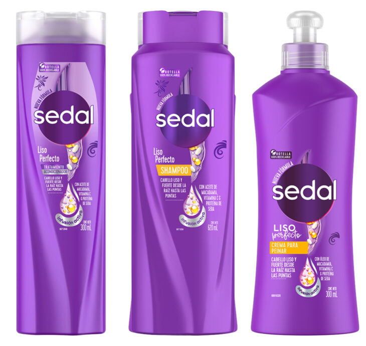 Sedal Infusión Activa, champú, acondicionador y crema para peinar, liso perfecto, morado