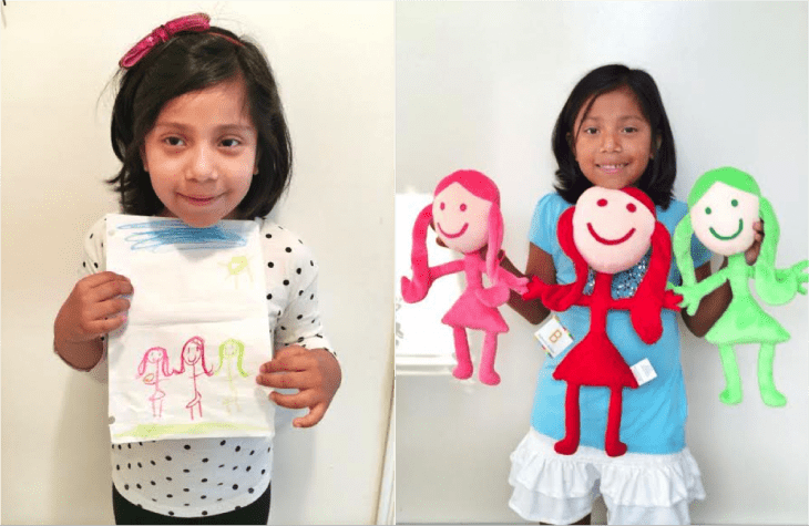 Niña con su dibujo de tres niñas y su peluche hecho por budsies 