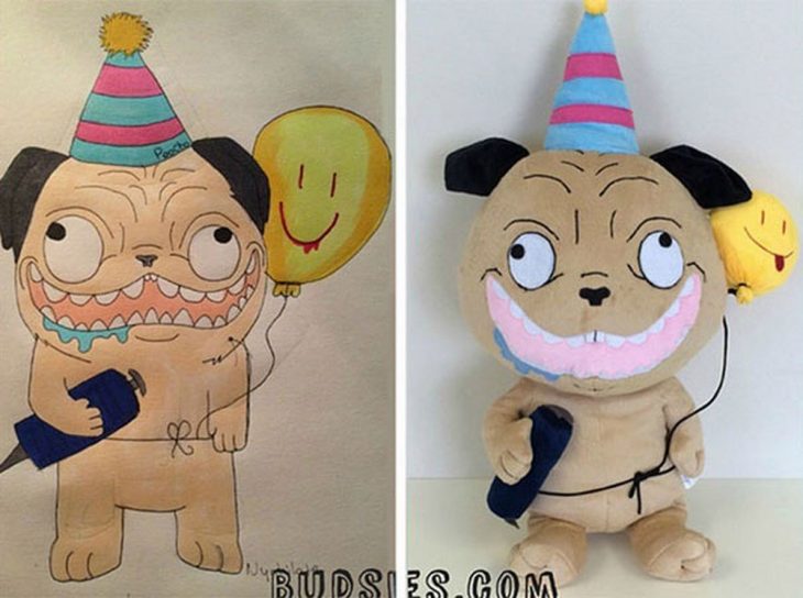 Dibujo y peluche de un perro pug