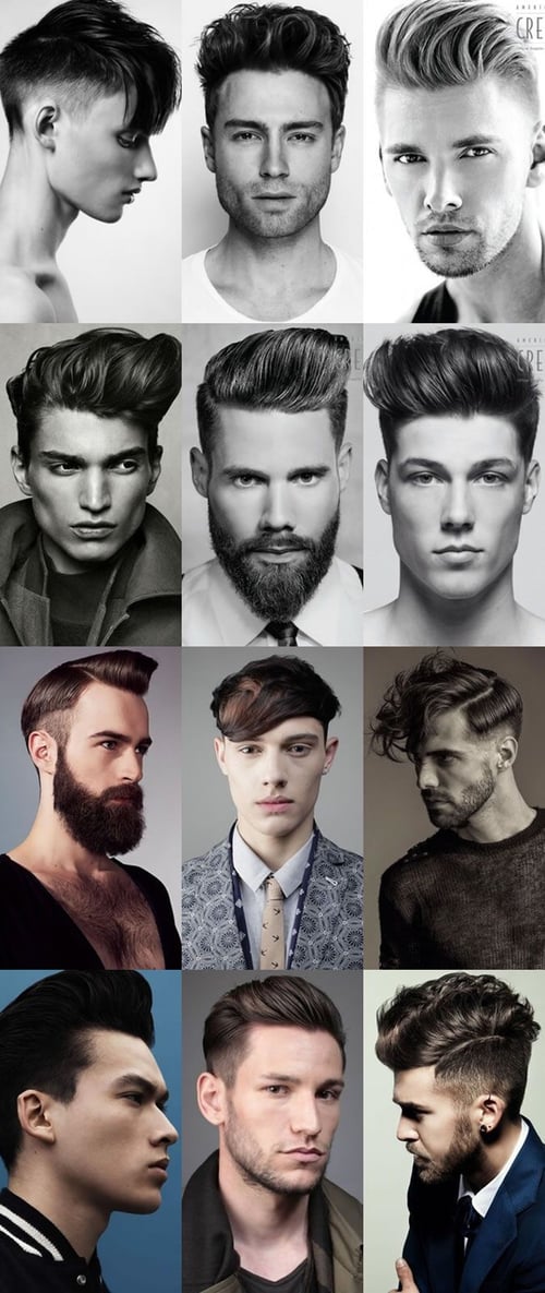 distintos hombres mostrando su corte de cabello, algunos tienen barba larga y definida