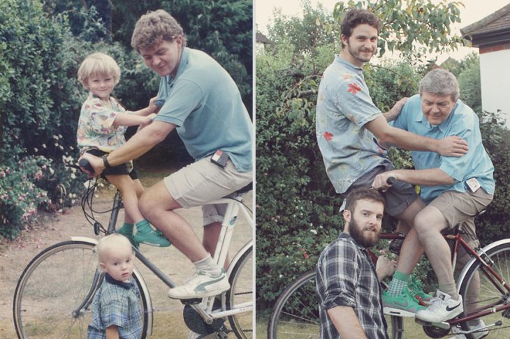 Hermanos Luxton con su tío antes y después