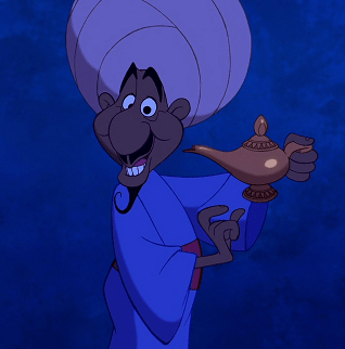 vendedor ambulante de la película aladdin, que aparece sosteniendo una lampara de oro