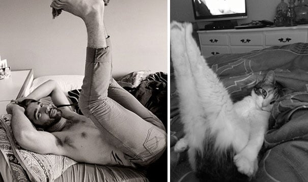 hombre con las piernas arriba acostado en una cama y gato imitando su pose 