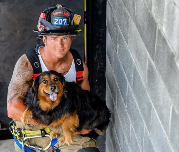 Bombero cargando un cachorro 