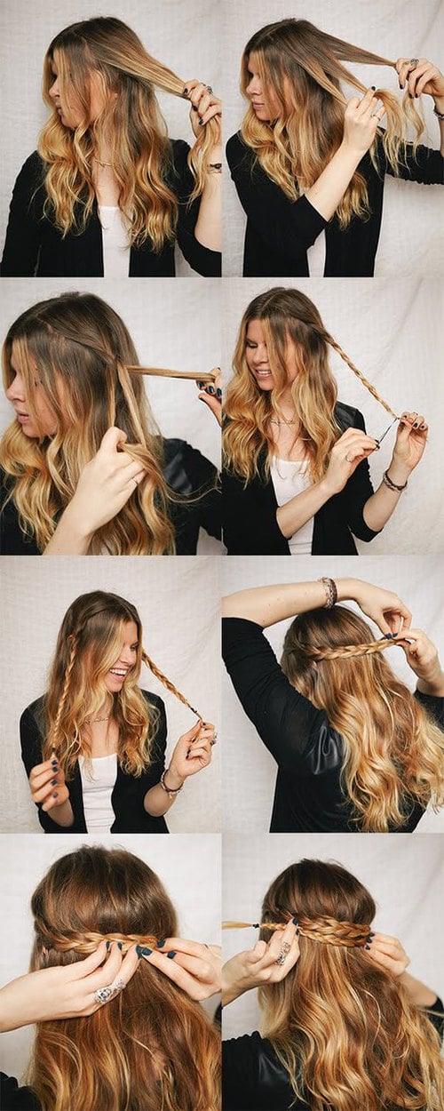 Chica rubia haciendo trenzas para formar una diadema y dejar el resto del cabello suelto 