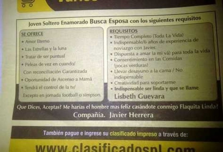 anuncio clasificado de un periódico donde se busca matrimonio 