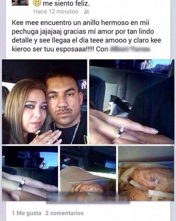 descripción en facebook de la propuesta de matrimonio que recibió una chica en una pechuga de pollo 