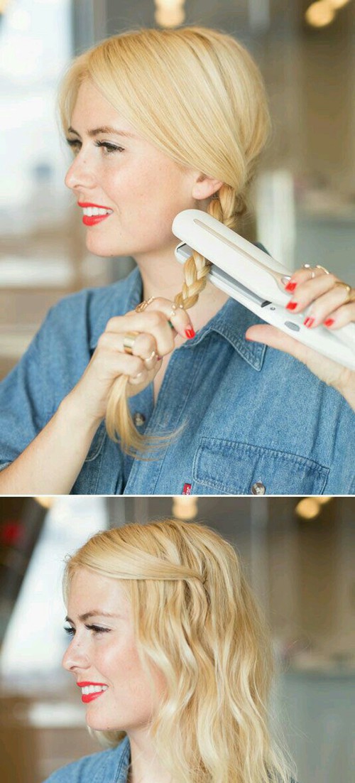 chica rubia planchando su cabello trenzado 