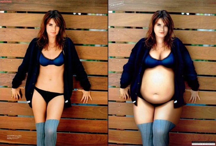 Laura Urbinaty posando con una blusa desabrochada y con unos kilos de más 