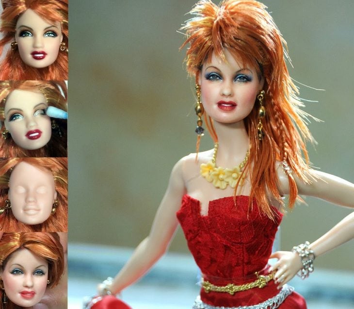 muñeca de la cantante cindy luper usando un vestido naranja 