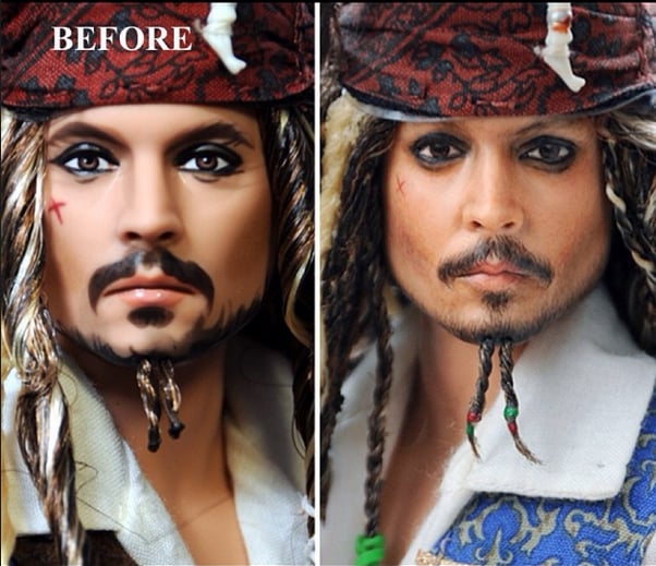 antes y después del muñeco de jack sparrow de la película piratas del caribe 