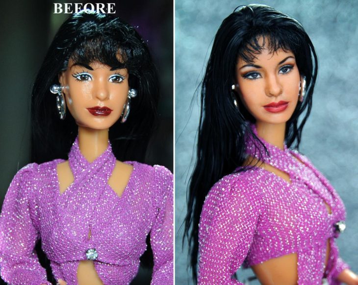 muñeca de selena quintanilla usando un traje color morado y aretes grandes 