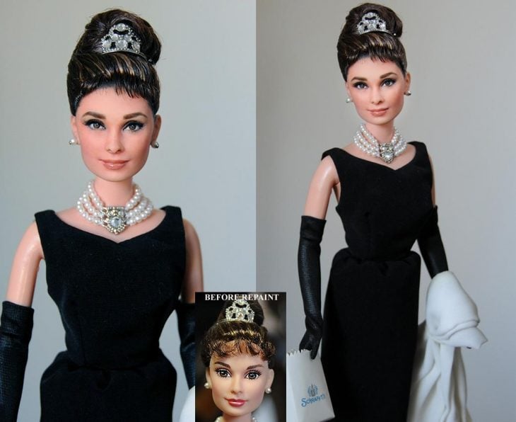 muñecas de Audrey Hepburn usando un vestido negro y perlas en el cuello 