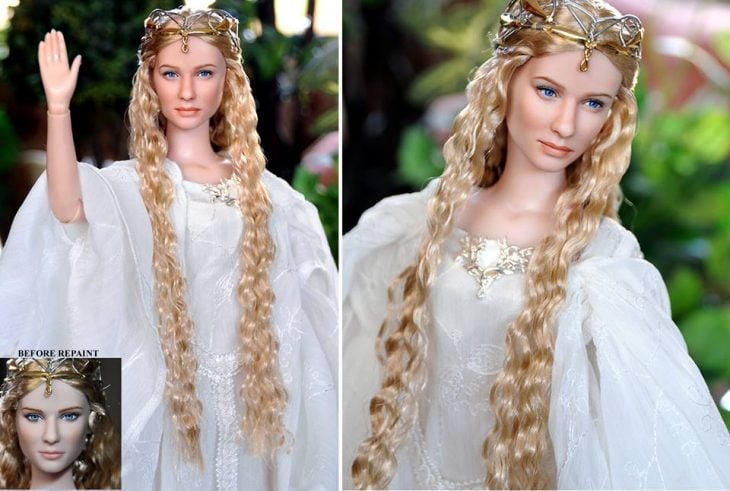 muñeca elfica de la saga del señor de los anillos usando un vestido blanco 