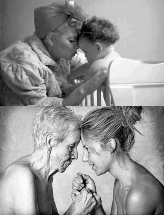 Foto en blanco y negro de madre e hija antes y después 