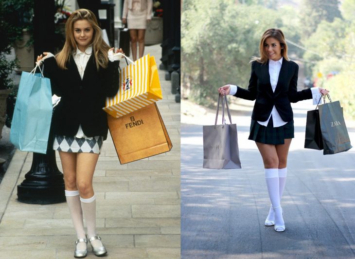 chicas sosteniendo bolsas con compras usando falda y medias hasta las rodillas y sueter 