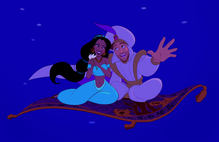 escena de la película Aladin donde los personajes están volando en una alfombra mágica 