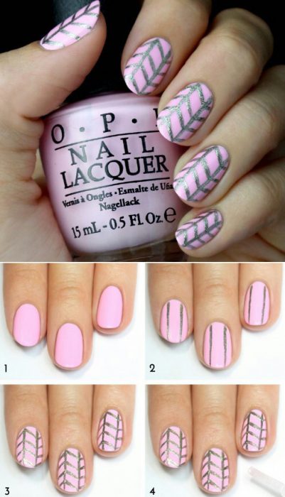 uñas de color rosa con brillos plateados paso a paso 