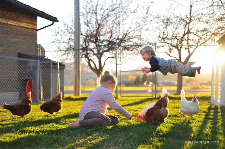 niño volando sobre otros mientras juega con unas gallinas 