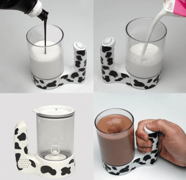 taza con un botón que mezcla la leche y el chocolate 