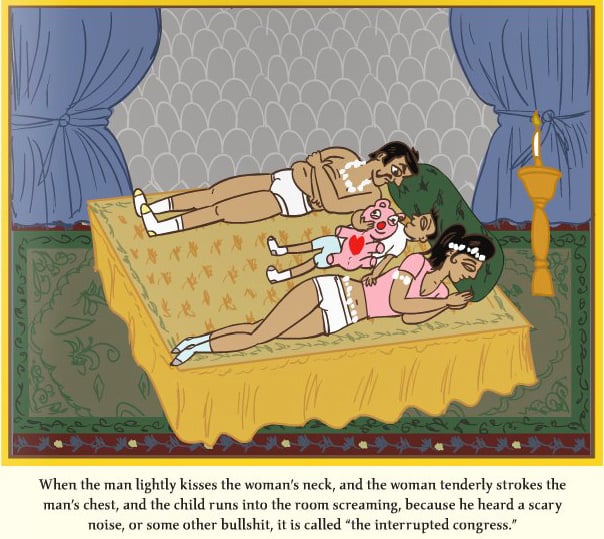 caricatura de la parodia del Kamasutra donde los dibujos están recostados en la cama junto a sus hijos 