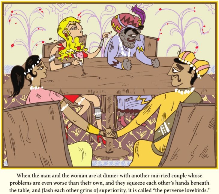 caricatura de la parodia del kamasutra donde los dibujos están sentados al rededor de la mesa conversando con otros 