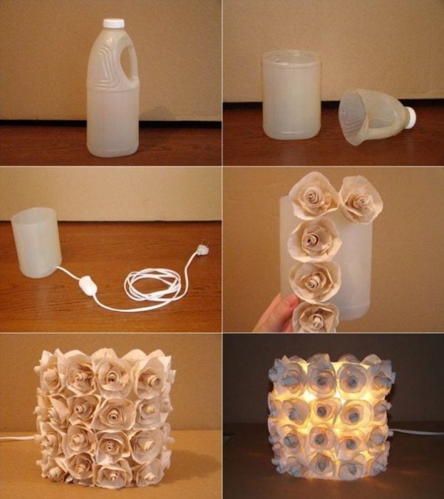 lampara hecha con botella de plástico con rosas de papel 