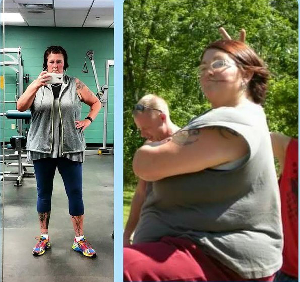 mujer obesa saludando y luego en el gimnasio