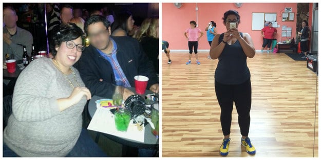 mujer gordita cenando con un amigo y después tomándose una foto frente al espejo del gimnasio 