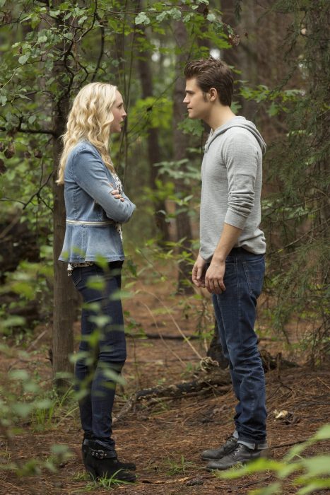 pareja de novios hablando en medio de un bosque 