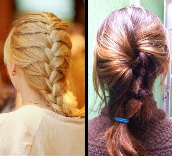 chica haciéndose una trenza francesa vs una trenza desarreglada 