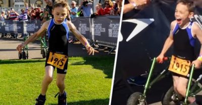 Pequeño con PARÁLISIS cerebral llega a la META sin su andador después de terminar un triatlón