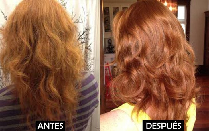 Comparación del cabello de una mujer antes de lavárselo con champú 