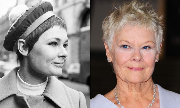 Actriz Judi Dench cuando era joven usando un abrigo y gorro y a la derecha en la actualidad 