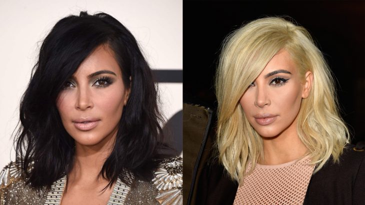 kim kardashian con el cabello corto y negro y después con el cabello color rubio 