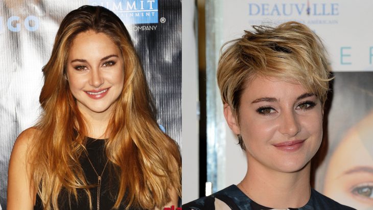 Actriz SHAILENE WOODLEY a la izquierda con el cabello largo y a la derecha con el cabello corto y rubio 