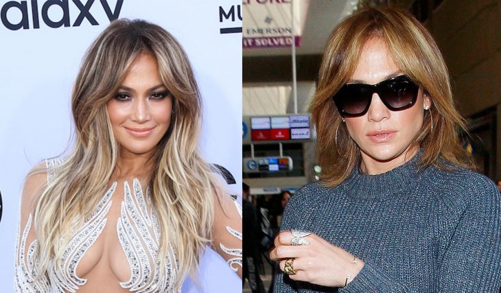 Cantante jennifer lopez a la izquierda con el cabello color rubio y a la derecha con el cabello corto y color cobre 