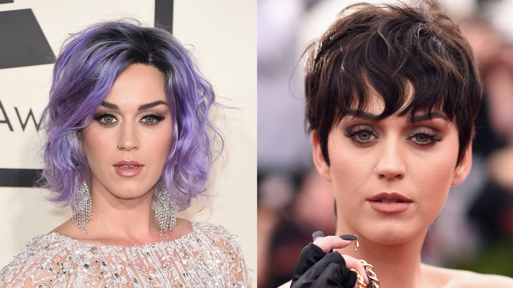 Cantante katy perry a la izquierda con el cabello en corte bob de color morado y a la derecha con el cabello negro en corte pixie 