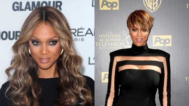 Tyra banks a la izquierda con el cabello largo y a la derecha con un corte pixie 