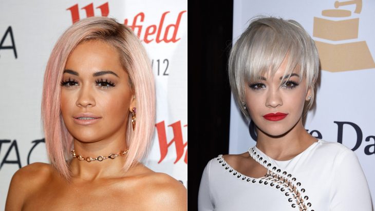 Cantante rita ora a la izquierda con el cabello largo y color rosa y a la derecha con el cabello en corte pixie de color rubio 