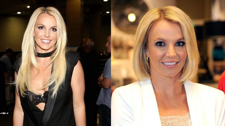 Cantante britney spears a la izquierda con el cabello rubio y largo y a la derecha con el cabello en corte bob 