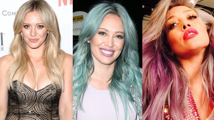 Hilary duff en tres etapas de su cabello, rubio, azul y rosa 