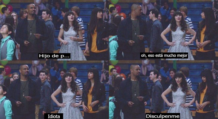 Escena de la serie new girl chica en una fiesta de niños diciendo groserias 