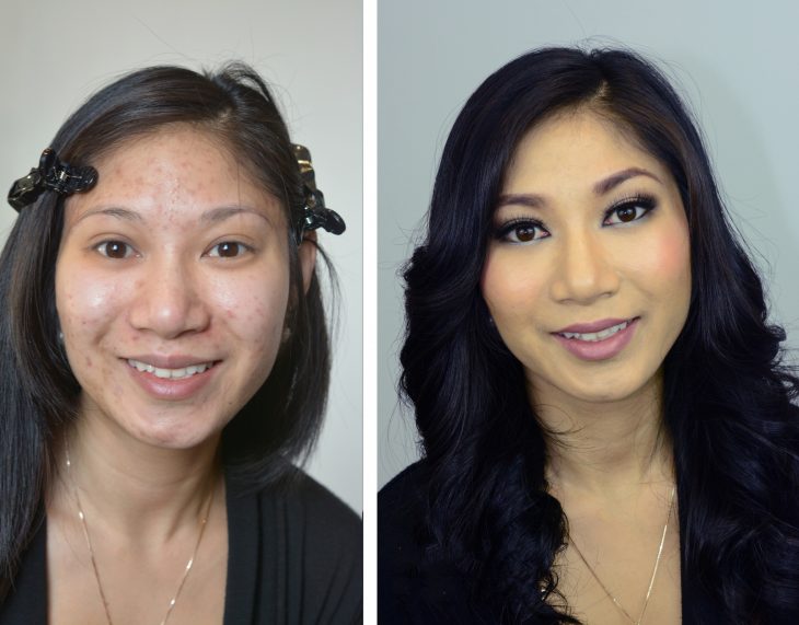 Chica de cabello negro mostrando el antes y después del poder del maquillaje 